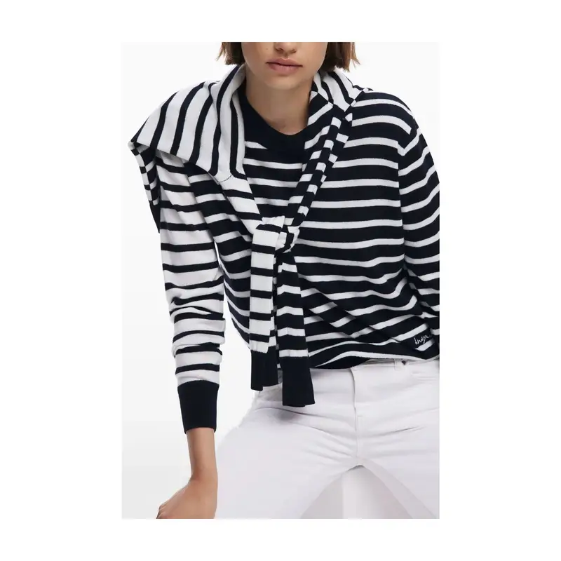 Desigual Maglia Donna a Maniche Lunghe a Righe Blu e Bianco miniatura 3