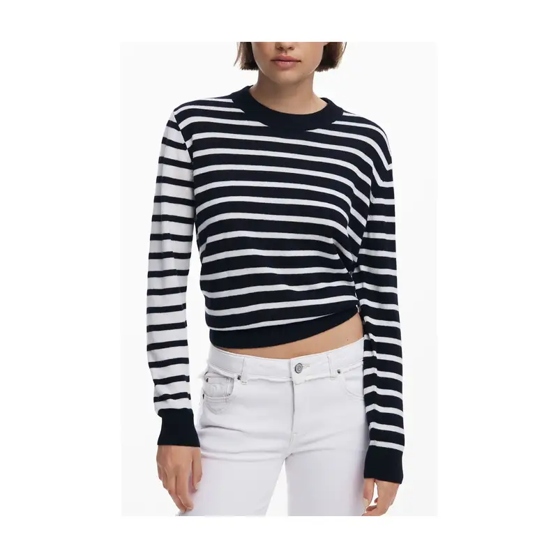 Desigual Maglia Donna a Maniche Lunghe a Righe Blu e Bianco