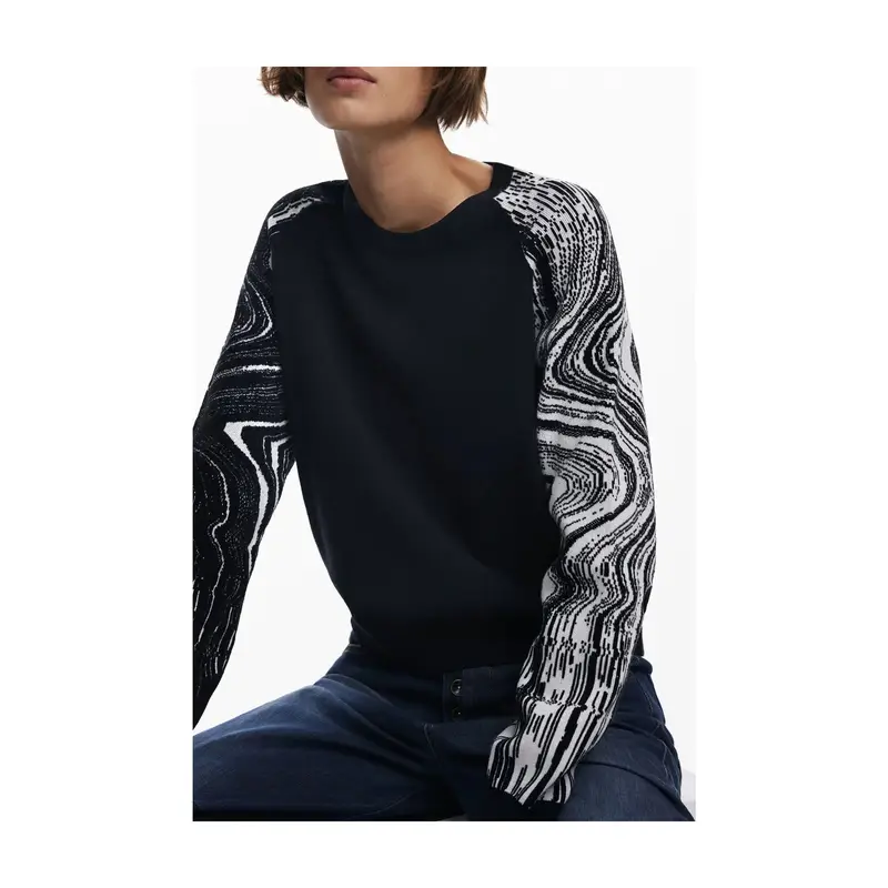 Maglia Donna Nero Girocollo con Dettagli a Contrasto miniatura 3