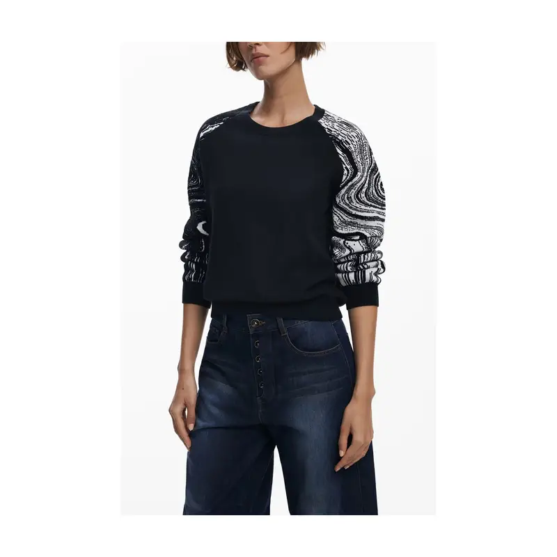 Maglia Donna Nero Girocollo con Dettagli a Contrasto