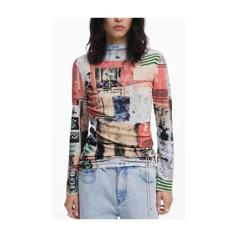 Desigual Maglia Donna Fantasia Rosa con Collo Lupetto