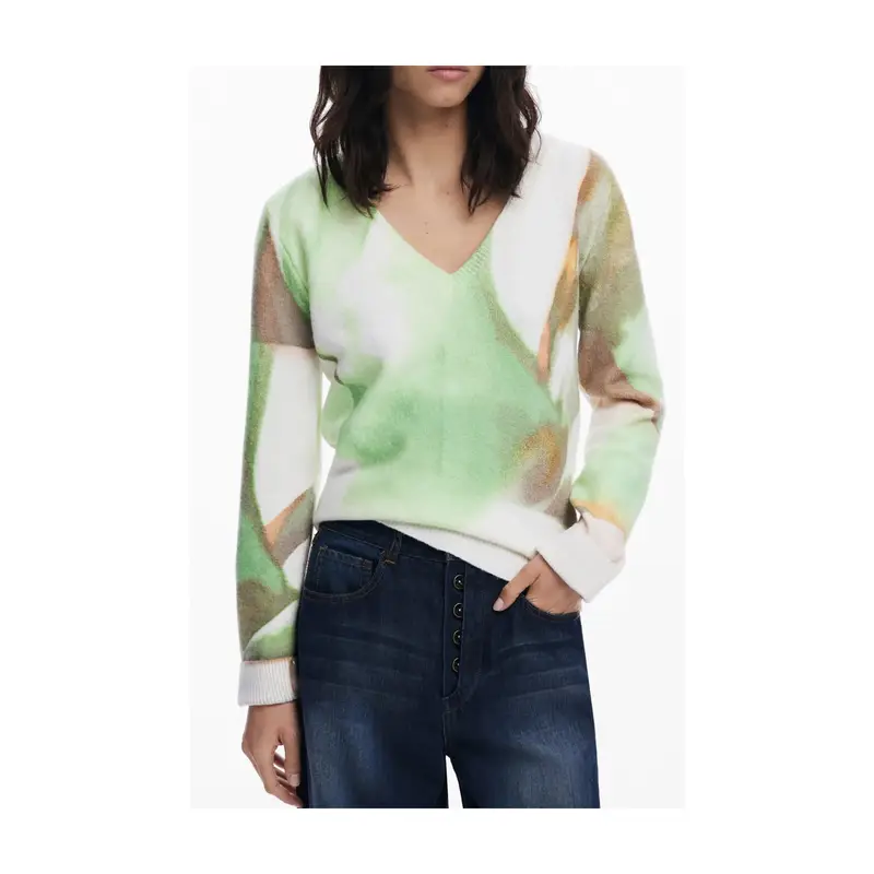 Desigual Maglia Donna Verde Scollo a V con Logo