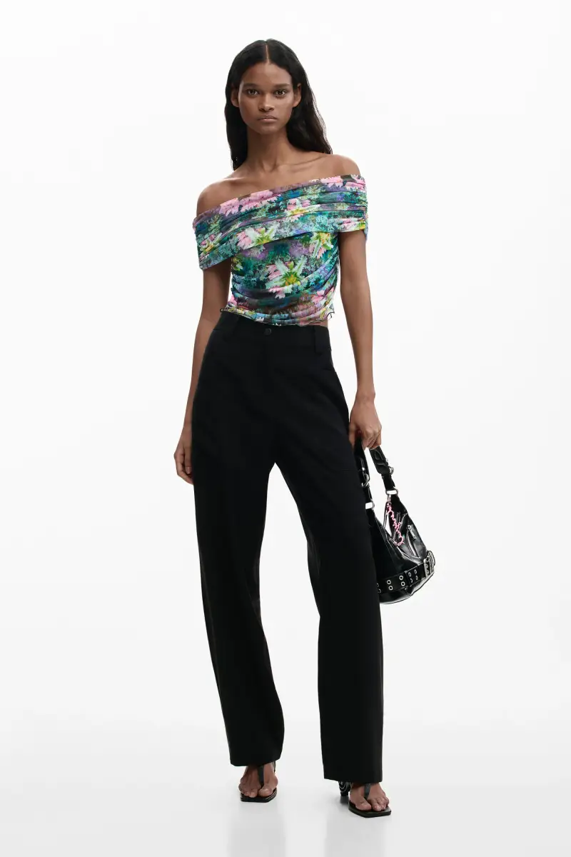 maglietta a fiori con scollo a barca GREEN miniatura 2