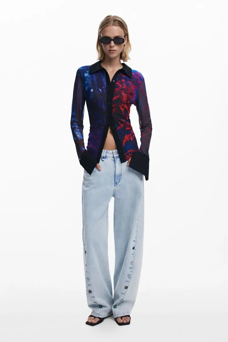 Maglietta abbottonata in chiffon BLACK miniatura 2