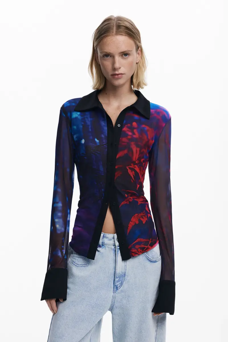 Maglietta abbottonata in chiffon BLACK