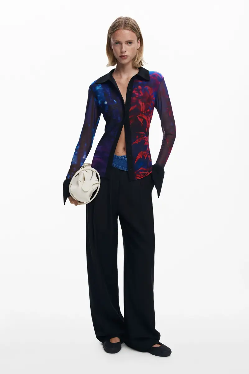 Maglietta abbottonata in chiffon BLACK miniatura 2