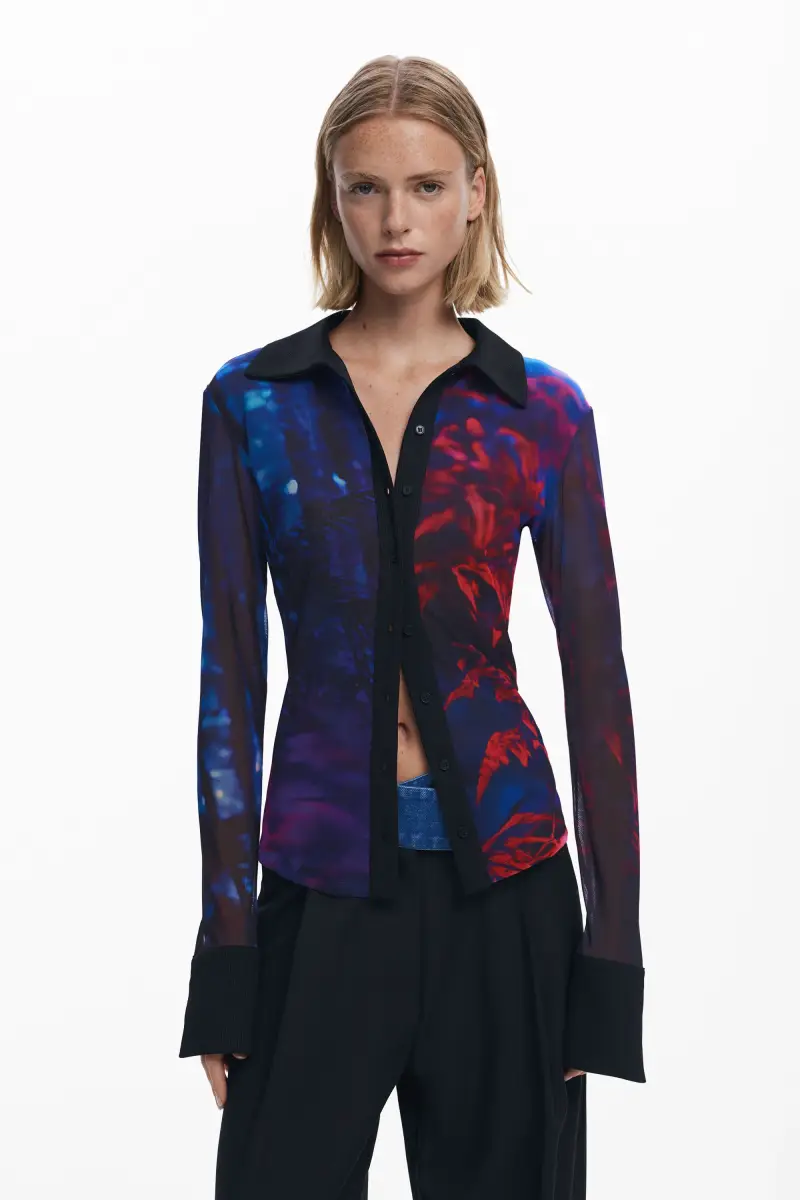 Maglietta abbottonata in chiffon BLACK