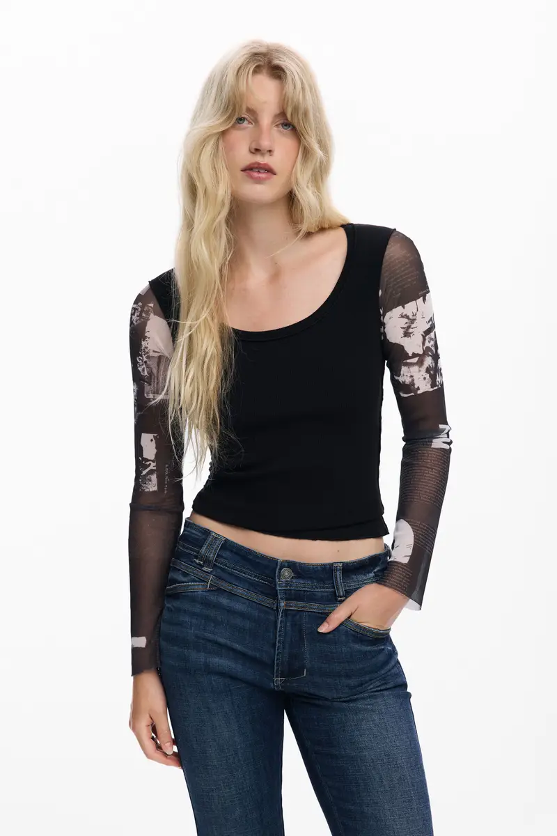 Maglietta con maniche in chiffon BLACK