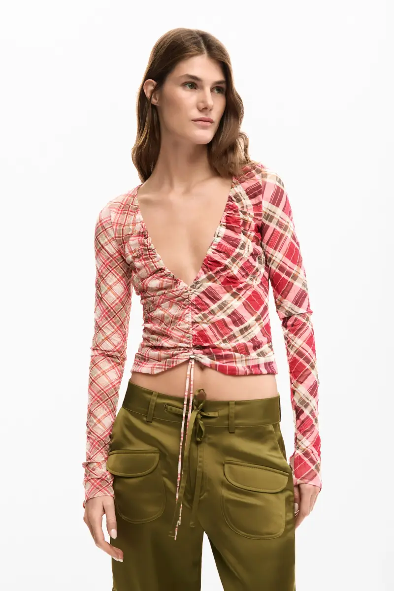 Desigual Maglietta a quadri con scollo arricciato donna