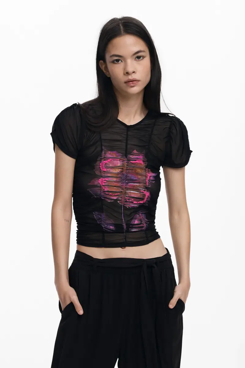 Maglietta in tulle con fiore BLACK