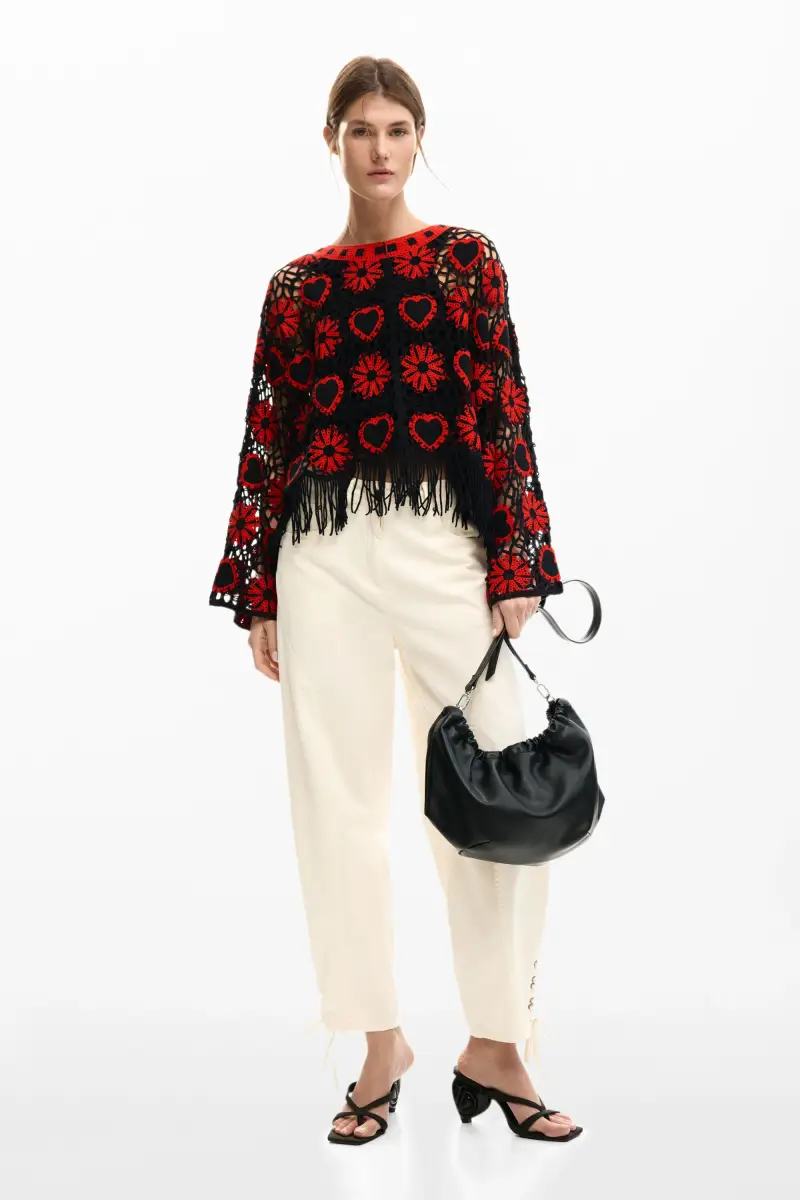 Desigual Maglione Donna Crochet Cuori Nero e Rosso miniatura 2