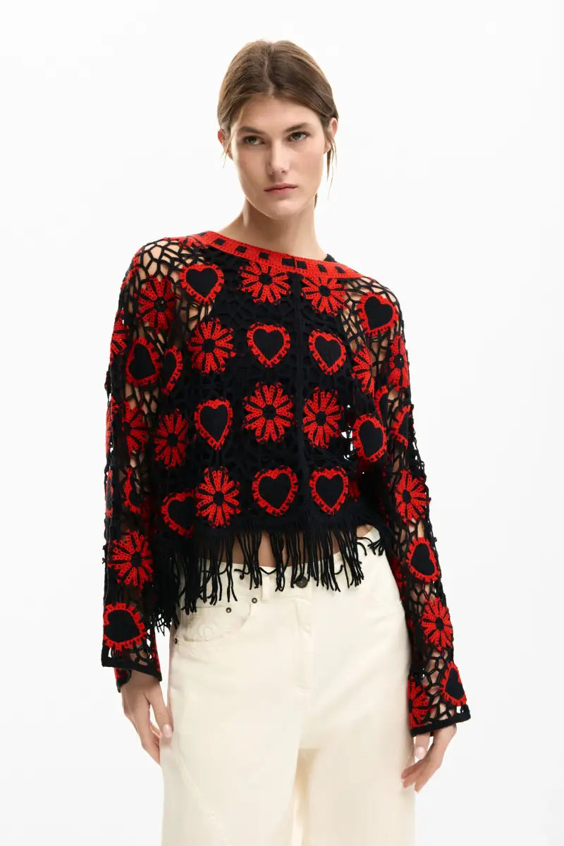 Desigual Maglione Donna Crochet Cuori Nero e Rosso