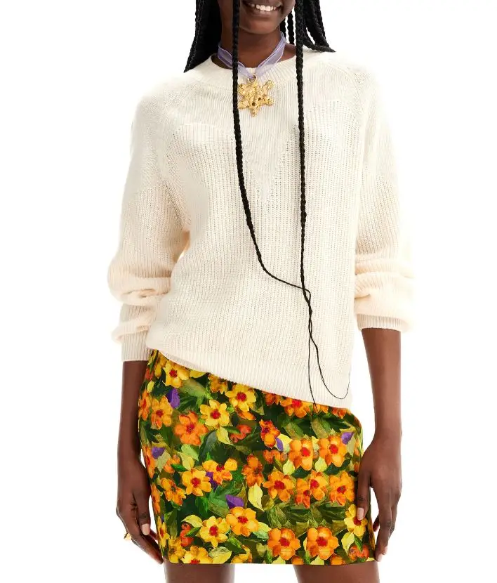 Maglione Donna Bianco a Collo Alto con Dettagli a Contrasto