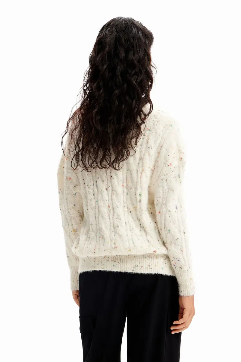 Maglione Donna Bianco con Scollo a V e Dettagli a Contrasto miniatura 2