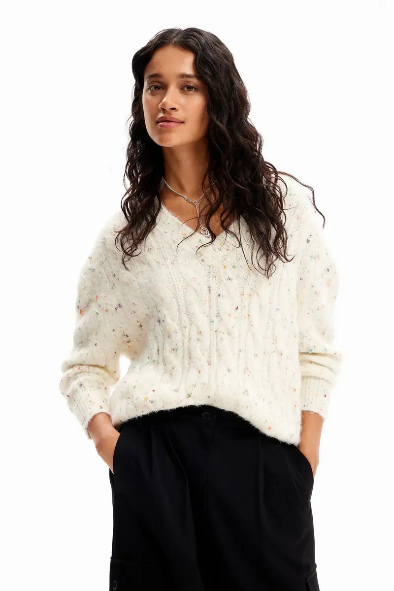 Maglione Donna Bianco con Scollo a V e Dettagli a Contrasto miniatura 3