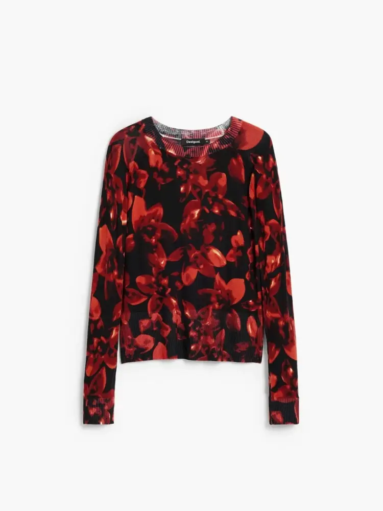 maglione leggero a taglio regolare con manica lunga e collo rotondo e stampa floreale in tonalità aranciate