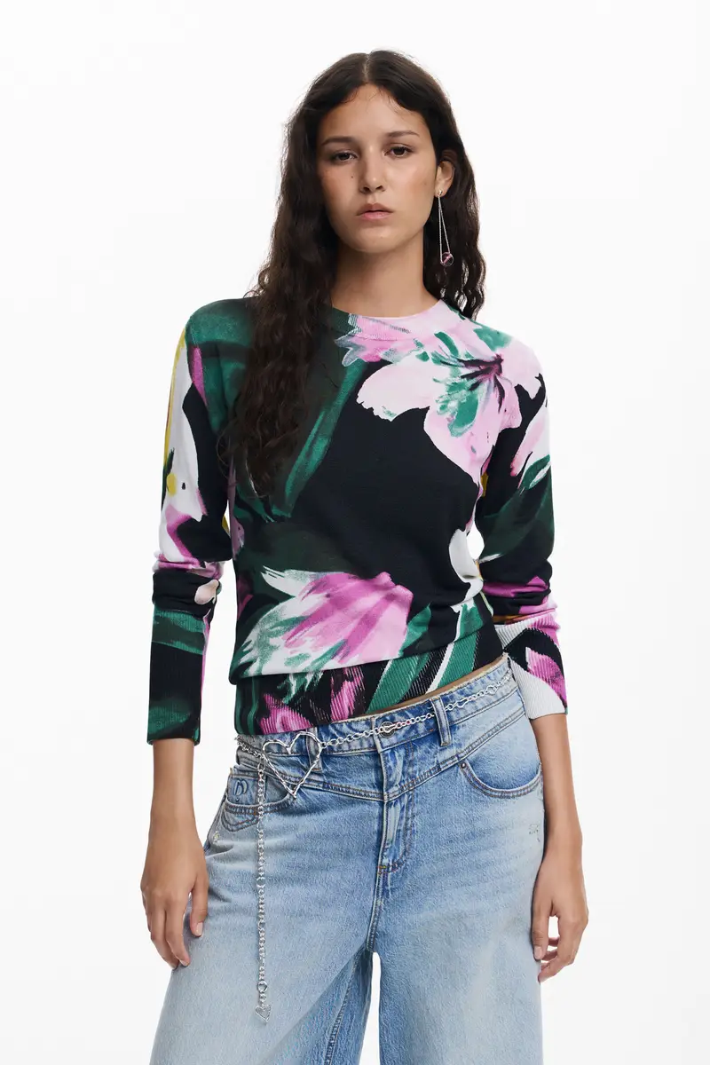 Maglione leggero con fiori BLACK