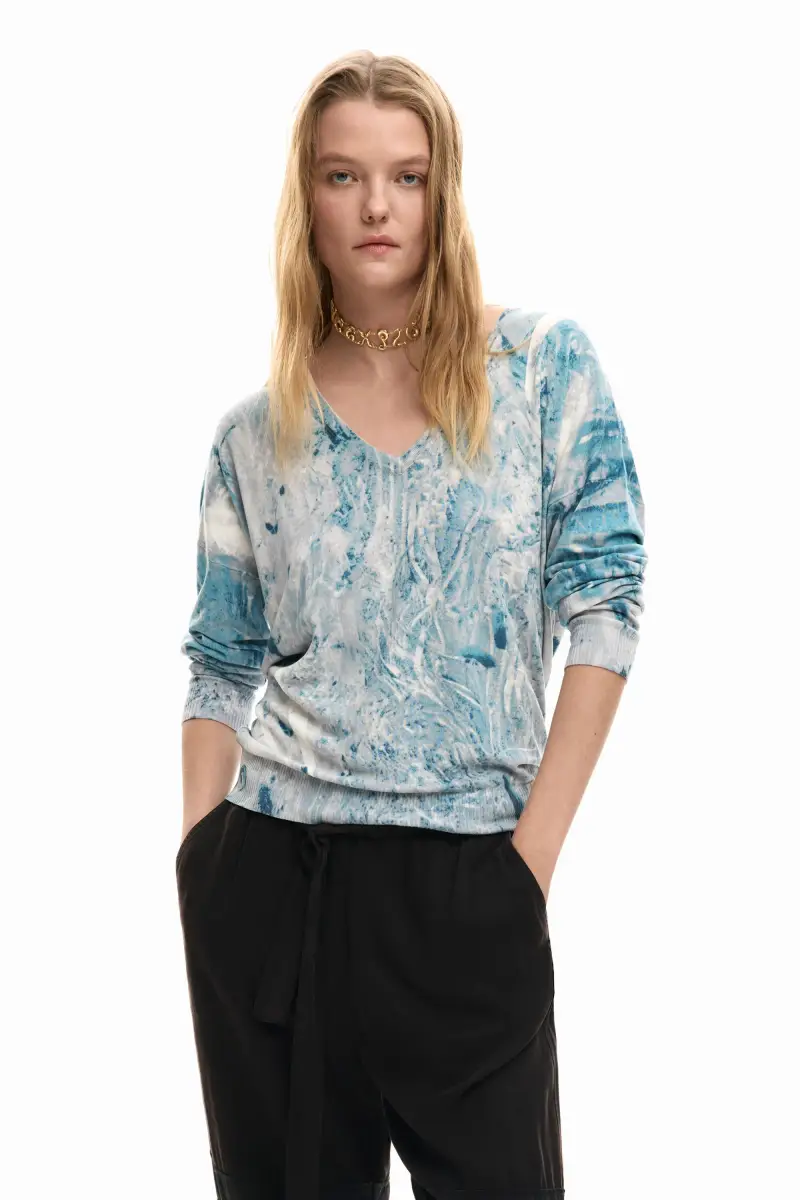 Maglione scollo a V con stampa astratta BLUE