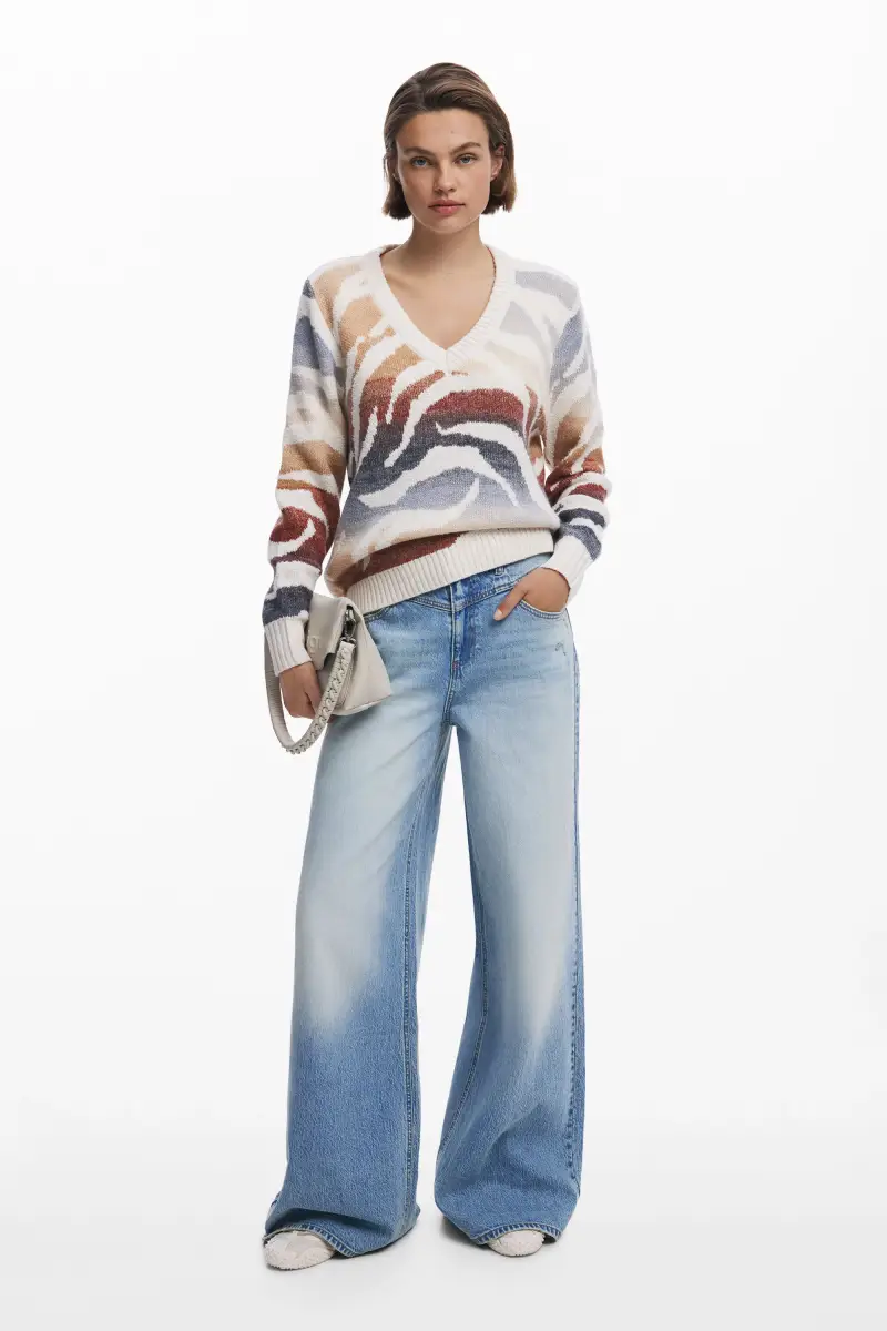 Maglione zebrato con scollo a V WHITE miniatura 2