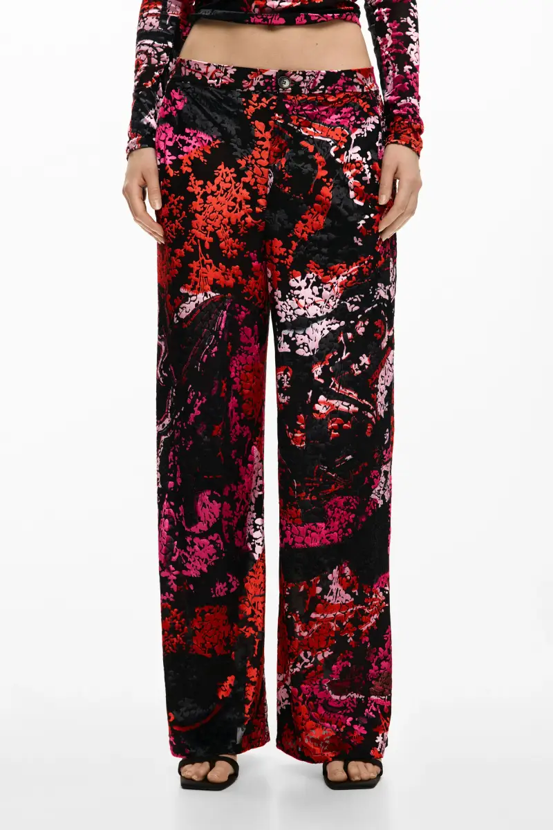 Desigual Pantaloni lunghi in maglia floreale rosso e nero miniatura 2