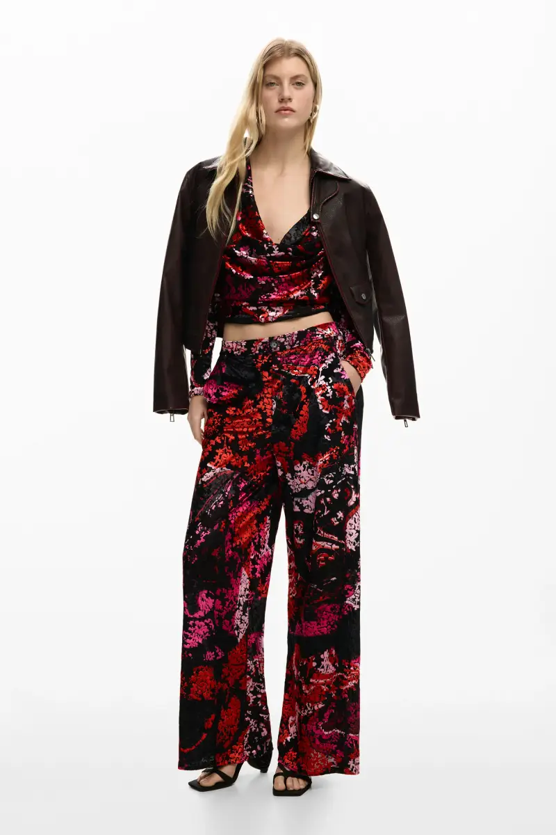 Desigual Pantaloni lunghi in maglia floreale rosso e nero