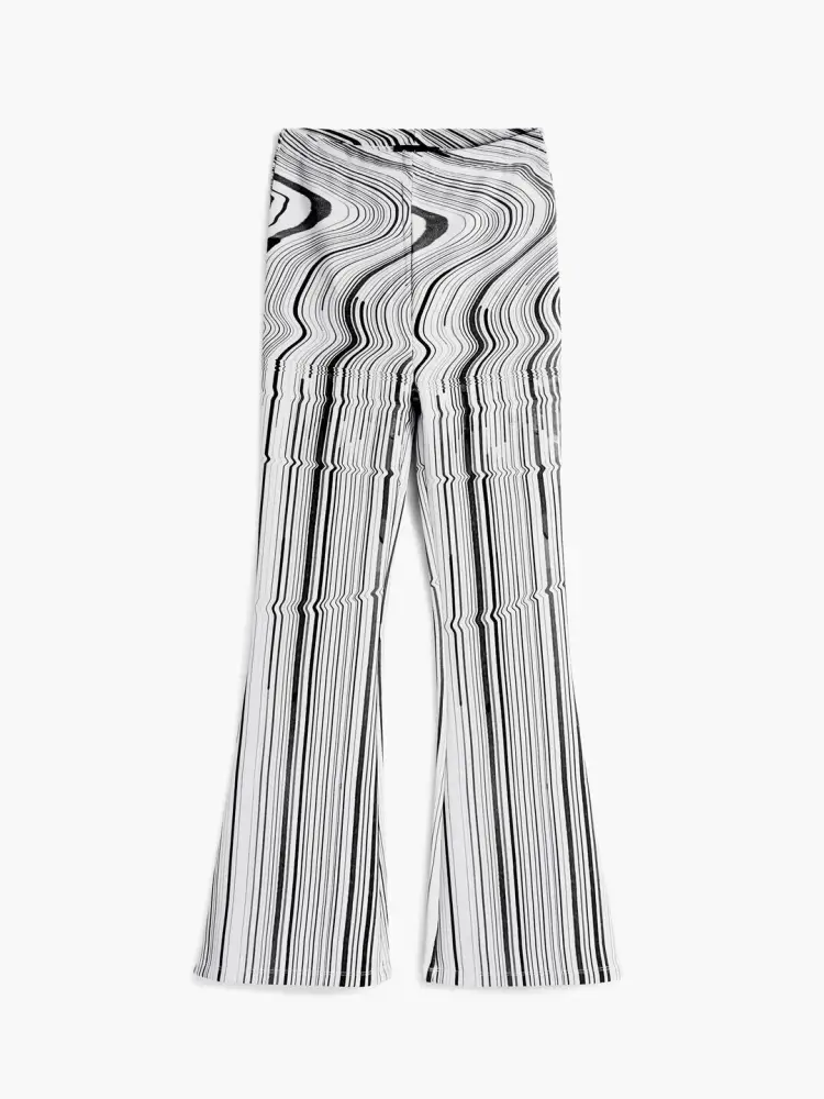 pantaloni lunghi elasticizzati, con finitura svasata, vita elastica e stampa a righe distorte