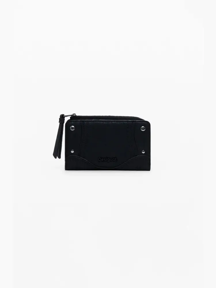 portafoglio medio traforato con bordure, applicazioni metalliche, cerniere, diversi scomparti e fessure per carte