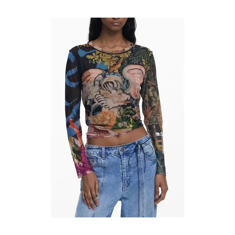 T-Shirt Maniche Lunghe Donna Nera Logo Nero