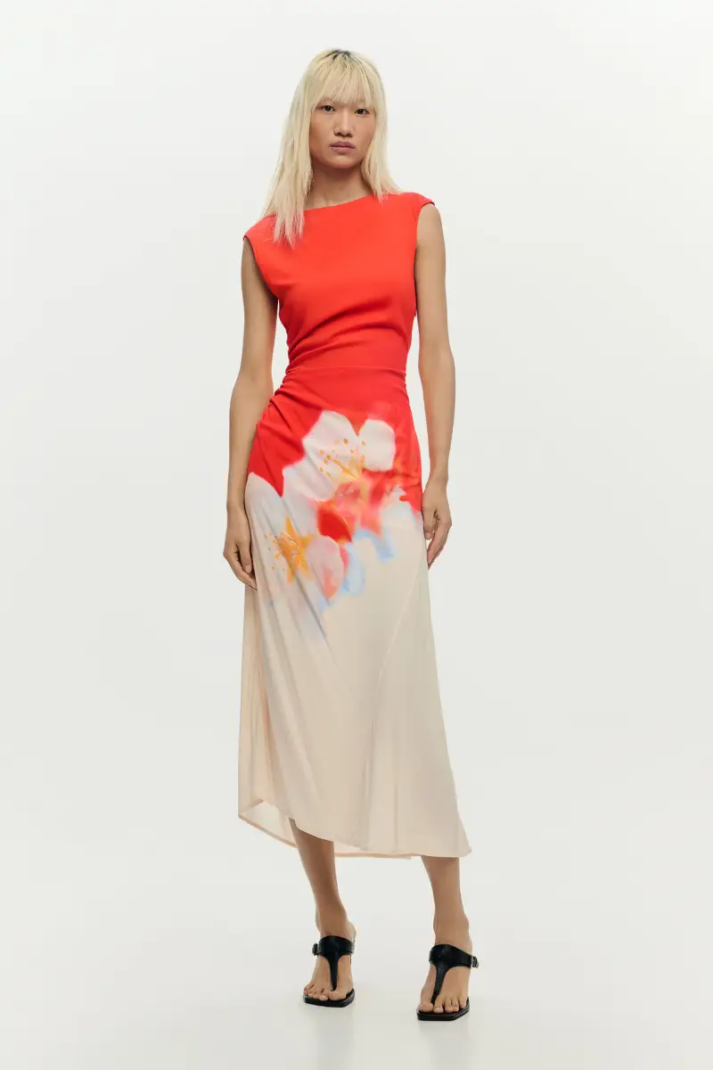 vestito bicolore a fiori ORANGE