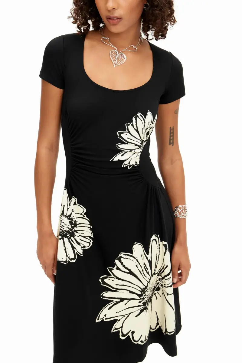 Vestito midi a maniche corte con scollo a margherite BLACK miniatura 2