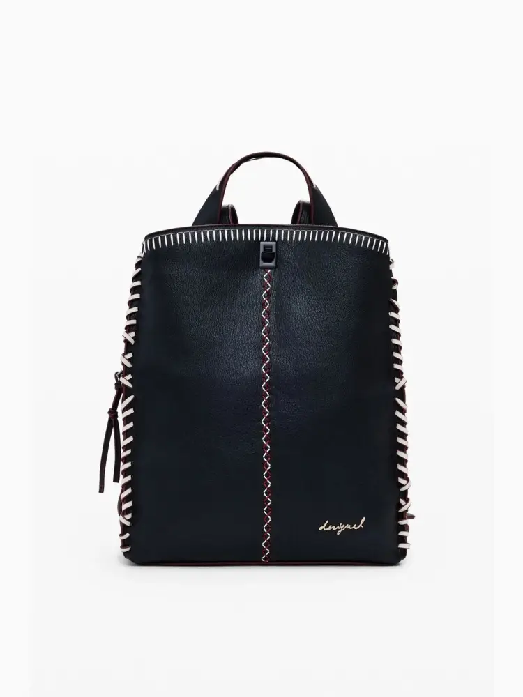 zaino grande in ecopelle con impunture a contrasto, vari scomparti e manico tipo borsa rimovibile