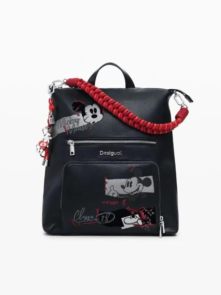 zaino in ecopelle nera con ricami e motivi di mickey mouse