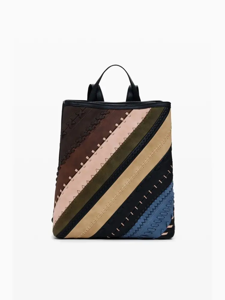 zaino medio in combinazione di diversi tessuti ecopelle, con cuciture e intrecci e vari scomparti interni