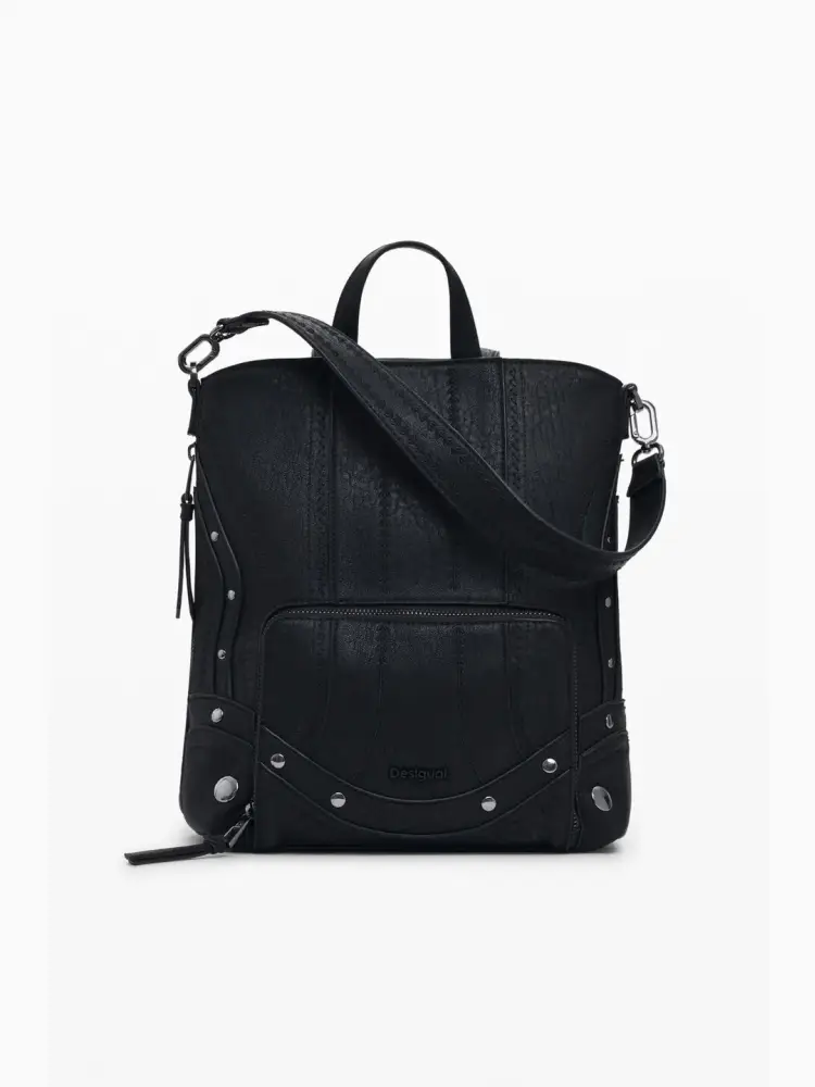 zaino piccolo ecopelle nera , con tessuti ricamati effetto patch, dettagli di borchie metalliche e manico rimovibile tipo borsa