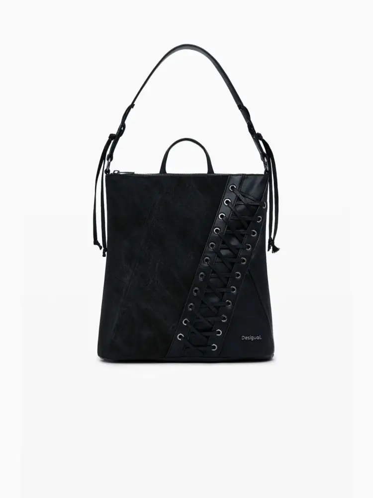 zaino piccolo in ecopelle nera , con dettaglio intrecciato effetto corsetto sulla parte anteriore e manico rimovibile per portare come borsa