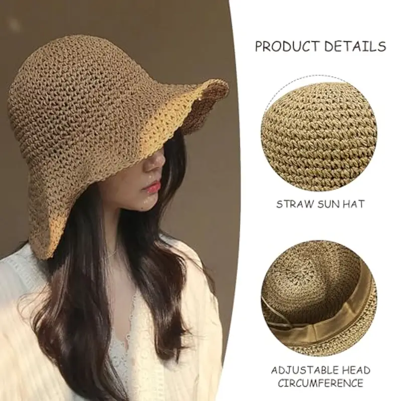 DHSBGWSX 1 cappello da sole da donna, cappello di paglia estivo da donna, cappello da spiaggia da donna, cappello estivo pieghevole da donna, cappello da spiaggia con tesa larga, grande cappello da miniatura 3