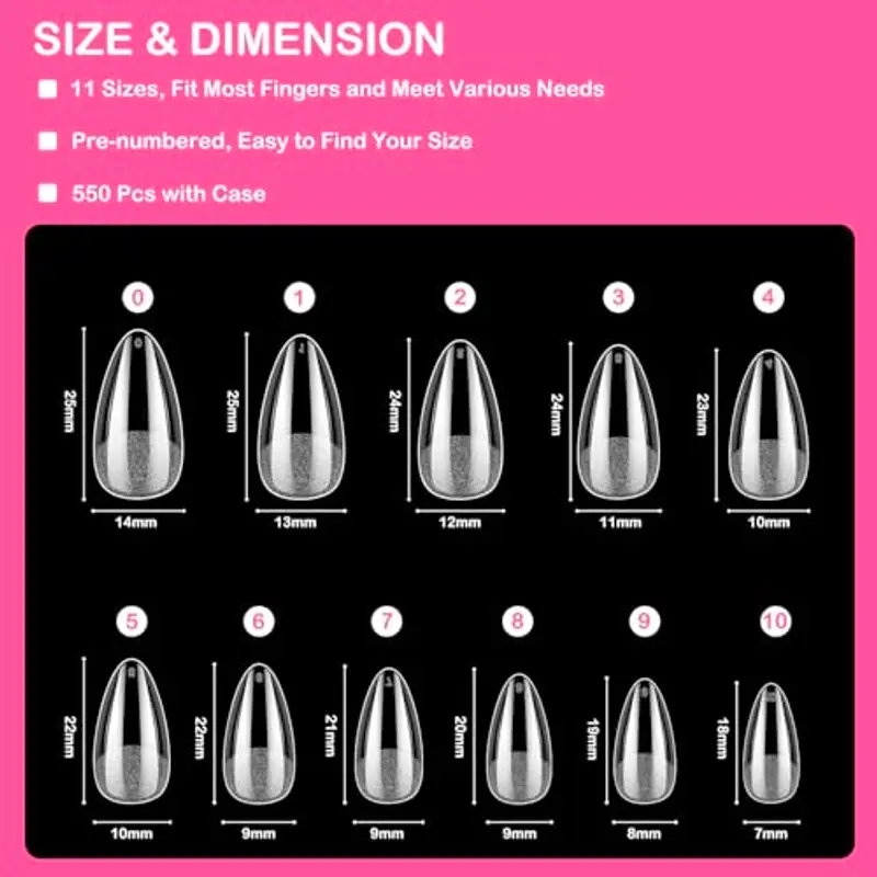 Diboniur 550 Pezzi Tip in Gel Unghie, 11 Taglie Tip Unghie Ricostruzione, Unghie Finte Copertura Completa, Gel Tips Unghie Mandorla per Salone Manicure, Nail Art Principiante, Medium Almond miniatura 2