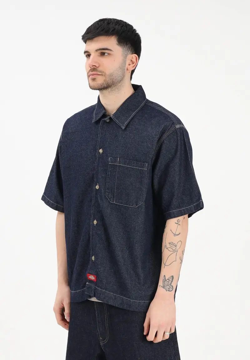 Camicia a manica corta in denim blu da uomo