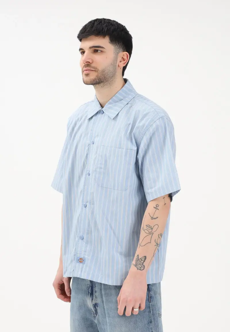 Camicia a manica corta Venedocia azzurra da uomo con motivo a righe