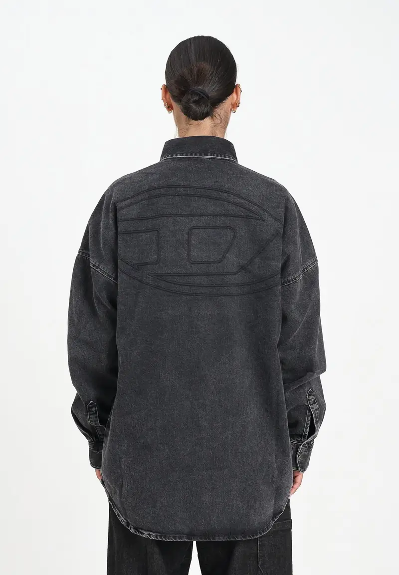 DIESEL Camicia a manica lunga in denim nero per donna, ragazzi e bambini con maxi logo Oval D miniatura 3