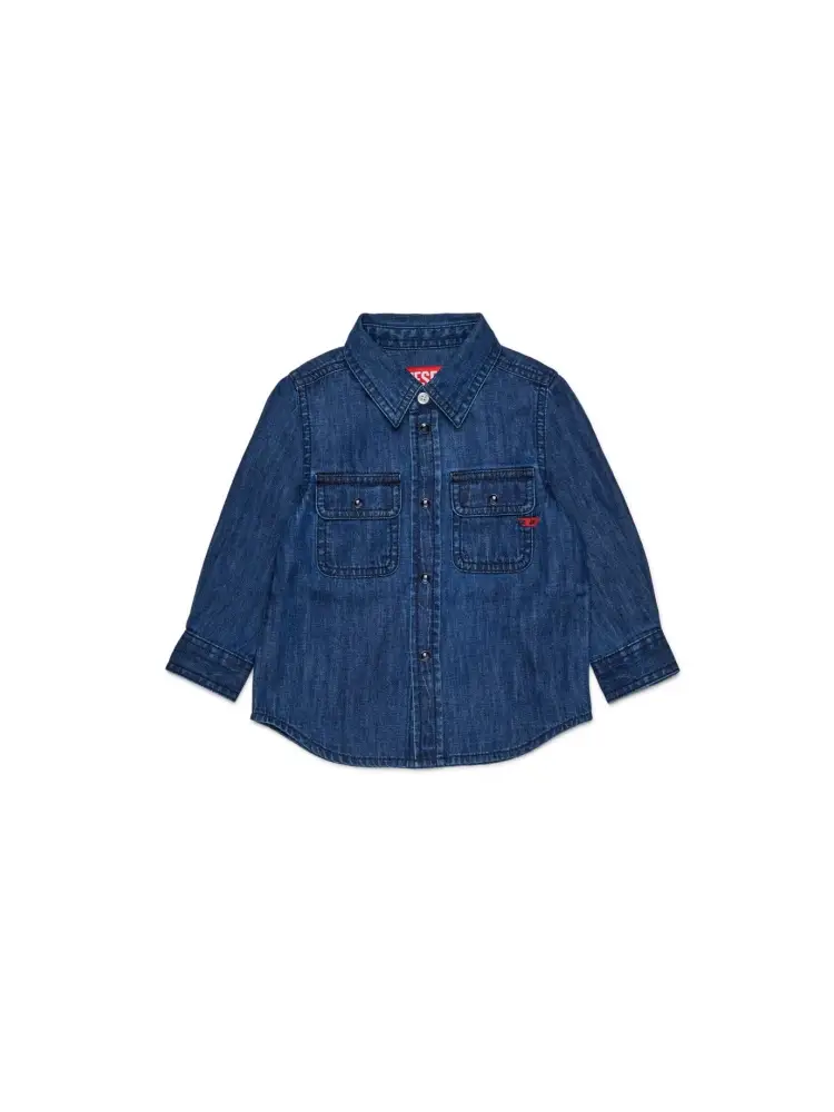 camicia infant in denim blu leggero con d ricamata