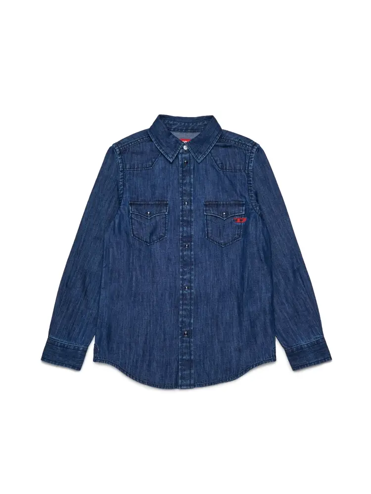 camicia kids/junior in denim blu leggero con d ricamata