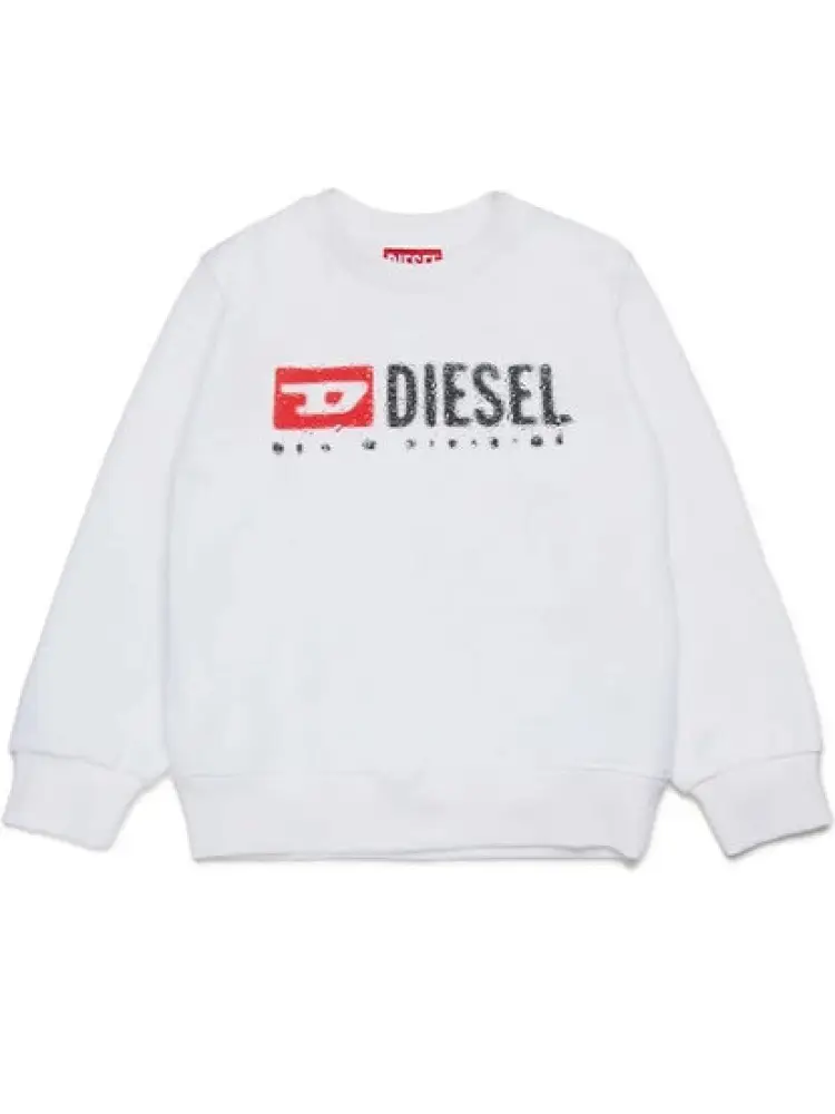 felpa bianca bambino in cotone girocollo logo a contrasto