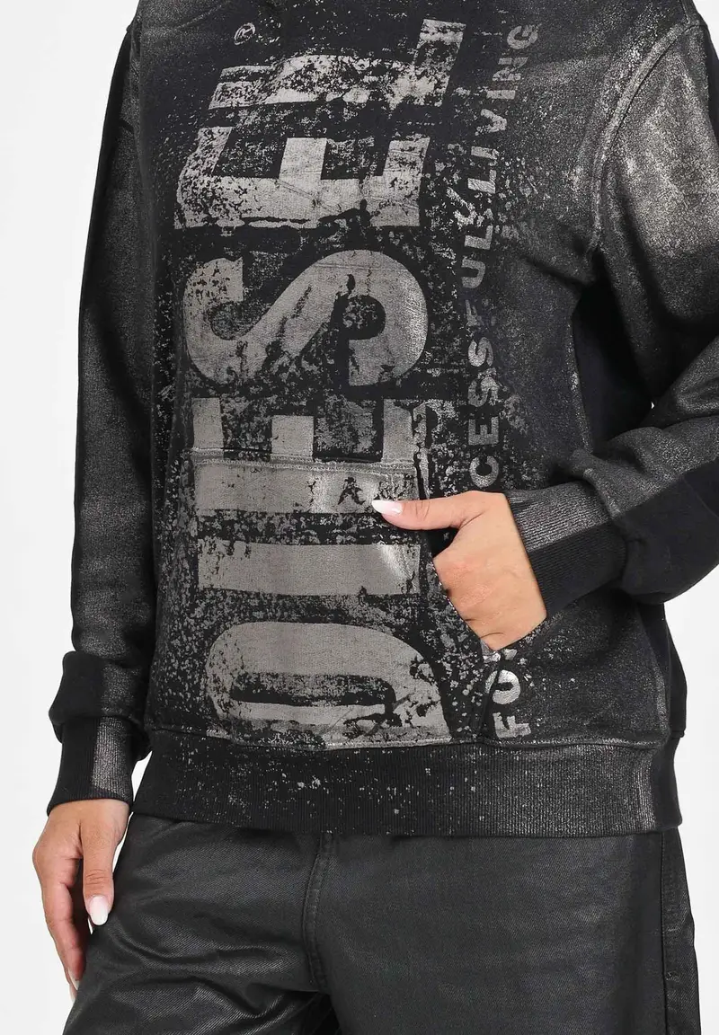 DIESEL Felpa con cappuccio nera per donna, ragazzi e bambini dal look vissuto miniatura 2