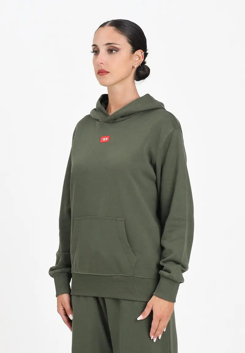 DIESEL Felpa con cappuccio verde militare per donna, ragazzi e bambini rifinita da patch D