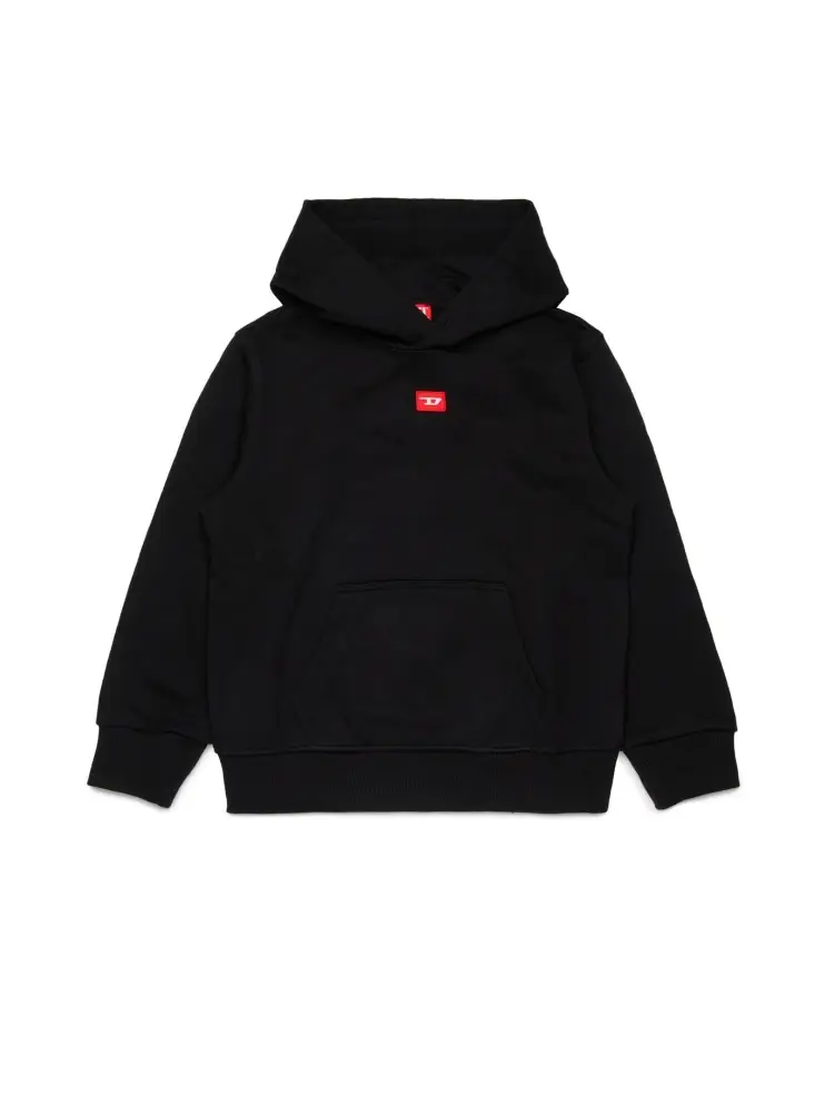 felpa kids/junior in cotone nero con cappuccio con toppa d rossa
