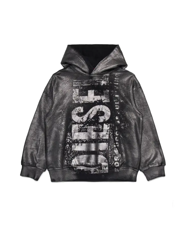 felpa kids/junior in cotone nero con cappuccio e maxi logo