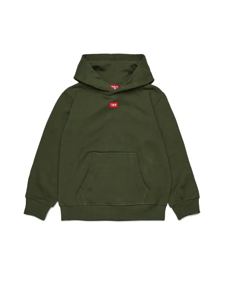felpa kids/junior in cotone verde militare con cappuccio con toppa d rossa