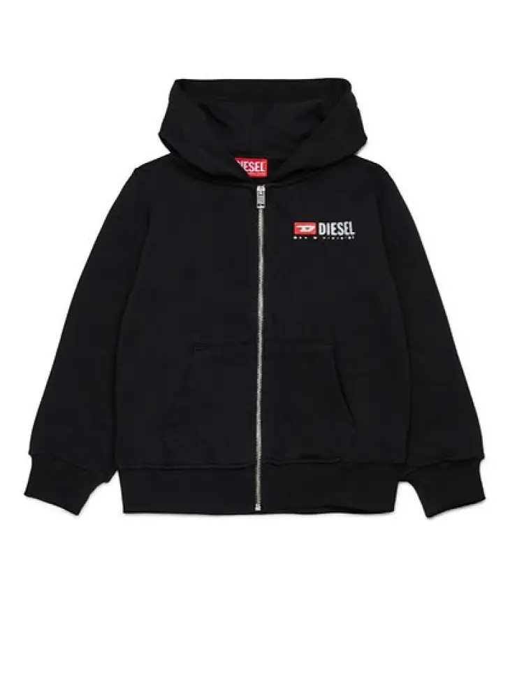 felpa nera bambino in cotone chiusura zip con cappuccio mini logo sul petto