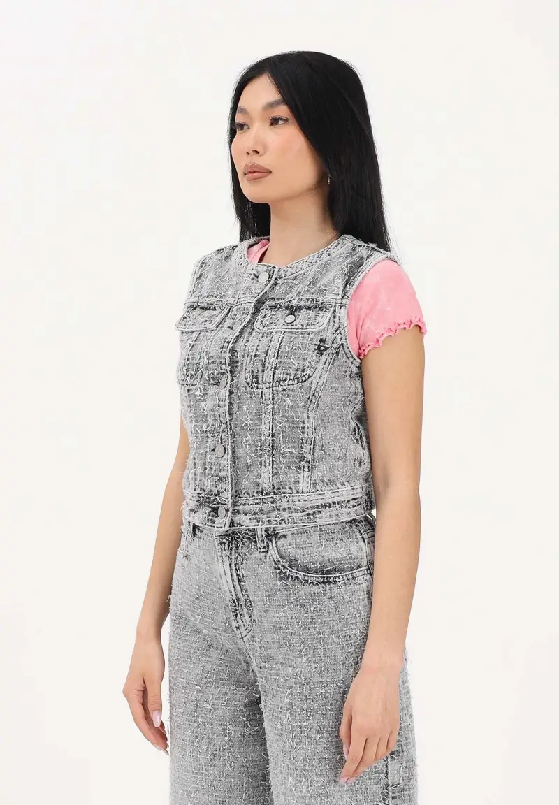 Gilet grigio per donna, ragazze e bambine in denim effetto tweed
